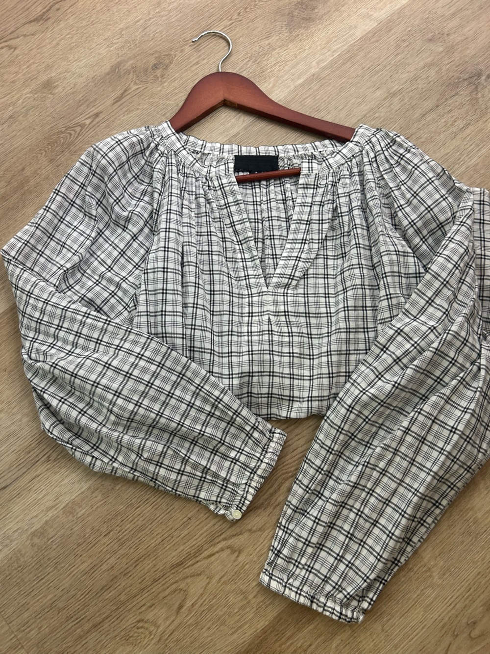 Nili Lotan 100% Cotton Brooke White Black Checkered Plaid Pesant Blouse